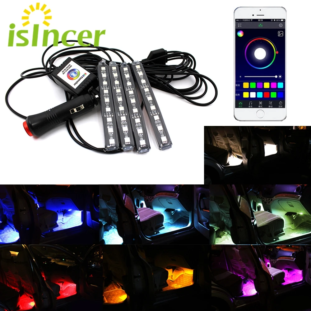 Автомобильный Стайлинг RGB Светодиодная лента 4*9 шт. Автомобильная декоративная атмосферная полоса Авто RGB дорожка напольный светильник управление смартфоном 12 В