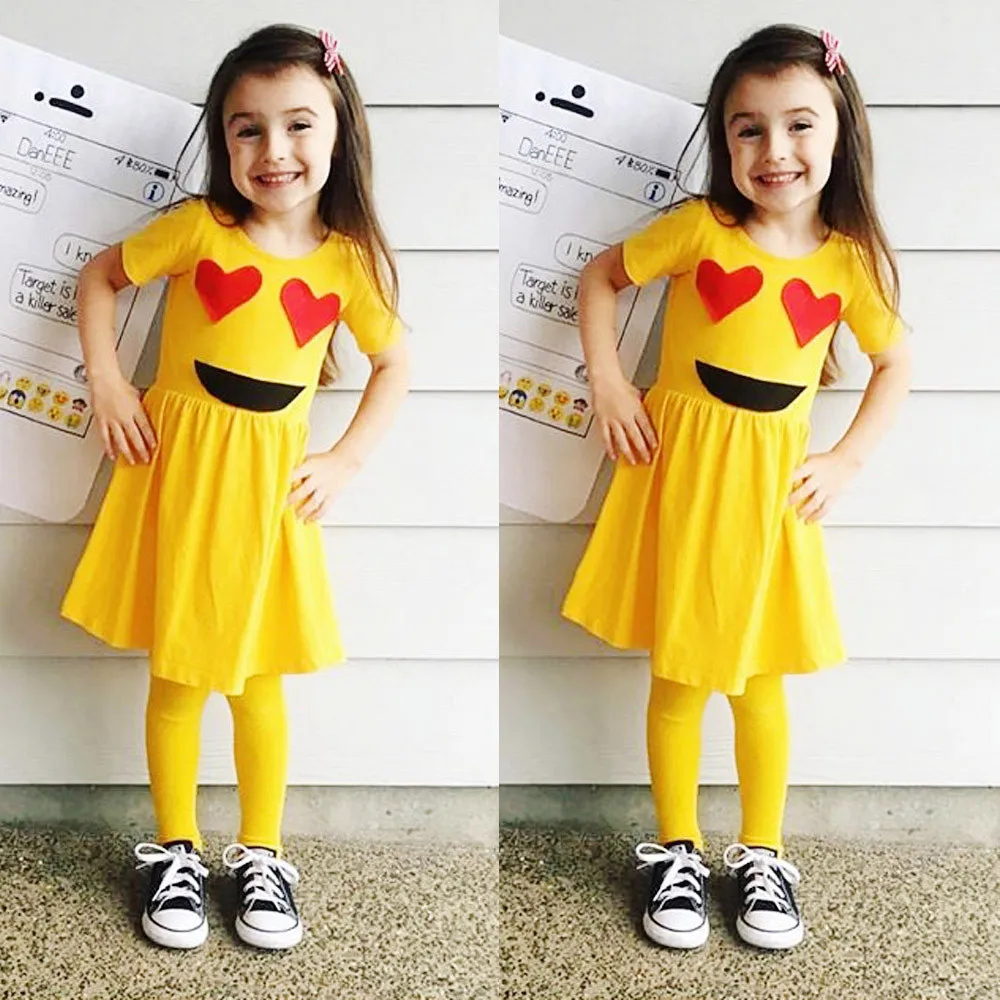New Arrival Cute Toddler Infant Kids Baby Girls Dress Emoji Emoticon Smiley Short Sleeve Sun Dresses Outfits vestidos Yellow | Детская