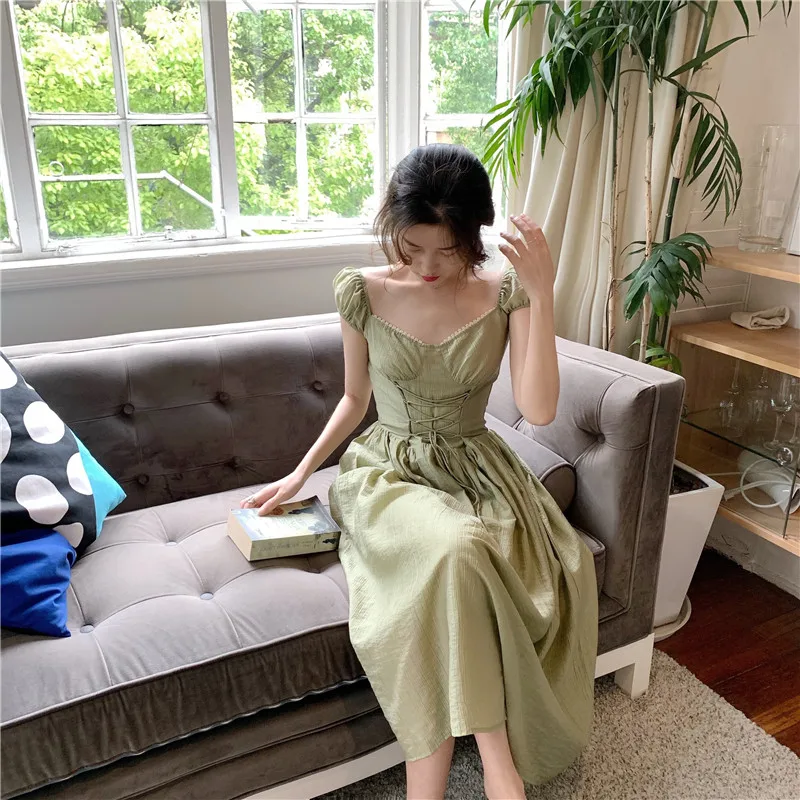 Женское платье феи в ретро стиле зеленое 2019 летнее винтажное миди тонкое