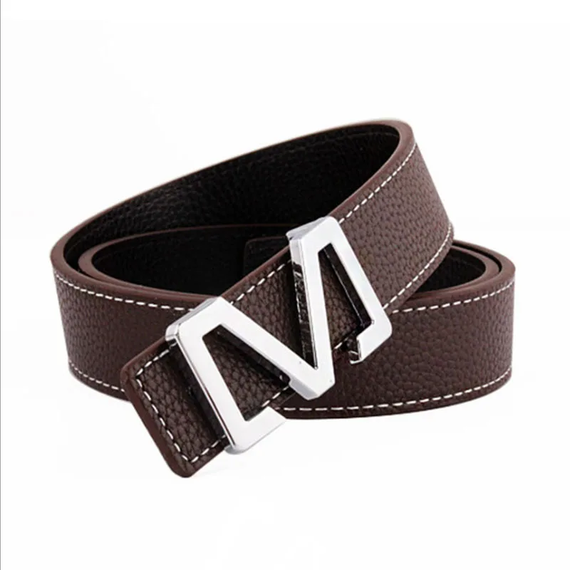 Мужской ремень с гладкой пряжкой [Hotti] брендовый из натуральной кожи буквенным