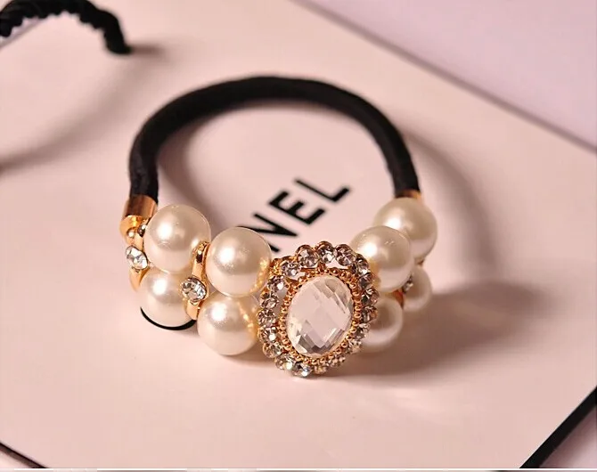 

New 6pcs/lot Free Shipping Fashion Crystal Pearl Hair Scrunchies, Girls Ponytail Hair Band. Woman hair accessories