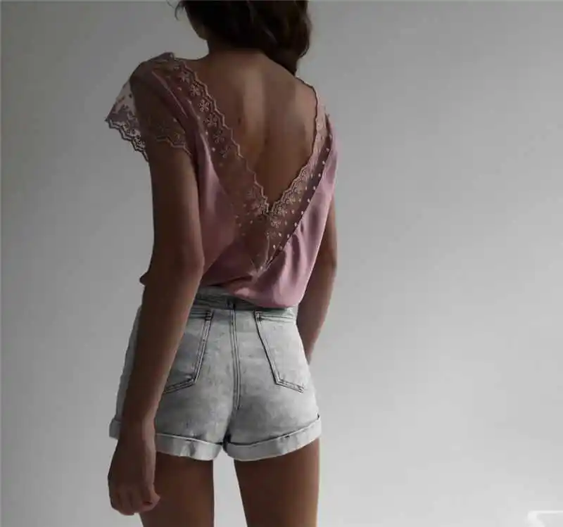 

hirigin new fashion Womens sexy Lace Sleeveless Loose blouses female backless Casual V-Neck Tops ladies v-neck Shirts