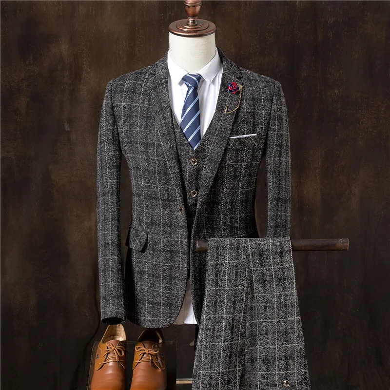 

2020 men checked dress suit young business case grain cultivate one's morality mill MAO suit three-piece suit