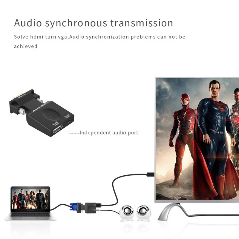 Robotsky VGA к HDMI адаптер папа к женскому 1080P AV видео конвертер кабель для ноутбука DVD ТВ проектор