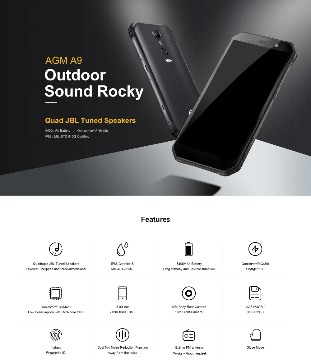 Официальный AGM A9 кобрендинг ОЗУ 4 Гб 5,9" Android 8,1 прочный телефон 5400 мАч IP68 водонепроницаемый смартфон Quad-Box динамики NFC