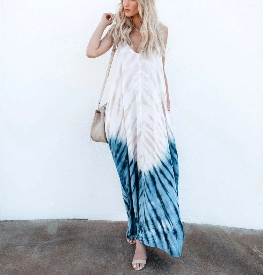 Для женщин модные пикантные Спагетти ремень Tye Dye хиппи шик длинное платье миди