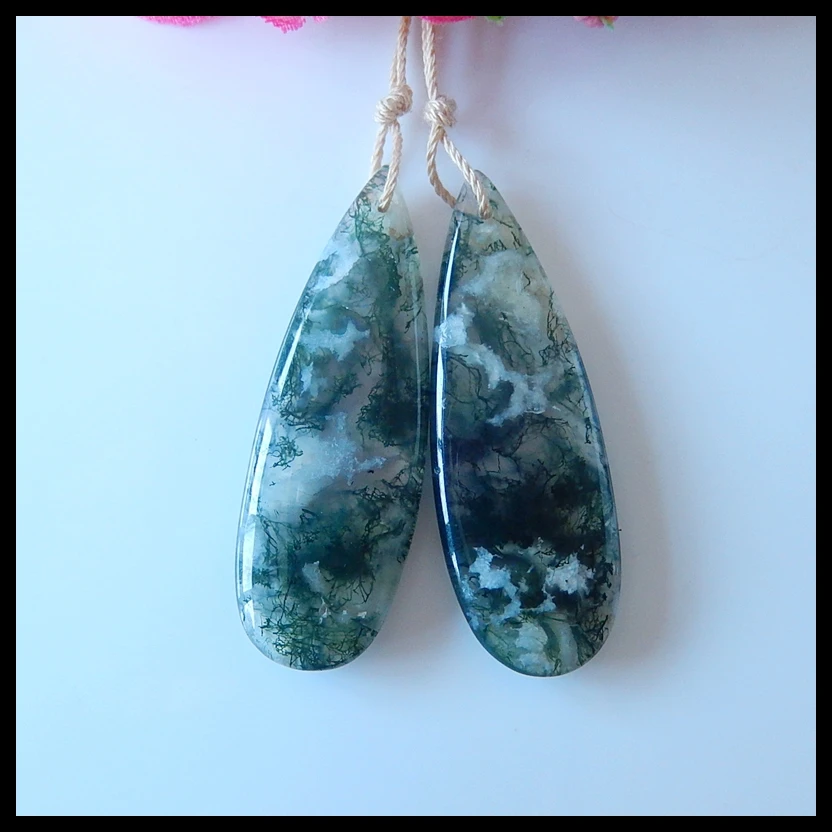 Natural Moss Agate Stone Woman fashion Earring bead sets Semiprecious stones charms jewelry 45x15x6mm 11.7g | Украшения и