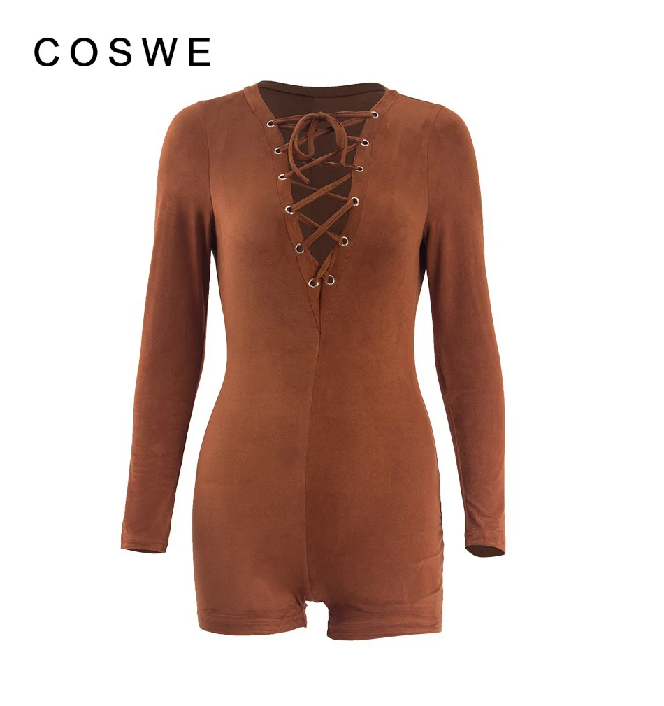 COSWE Sexy Глубокий V шеи Кружева Bodycon комбинезон Для женщин выдалбливают с длинным