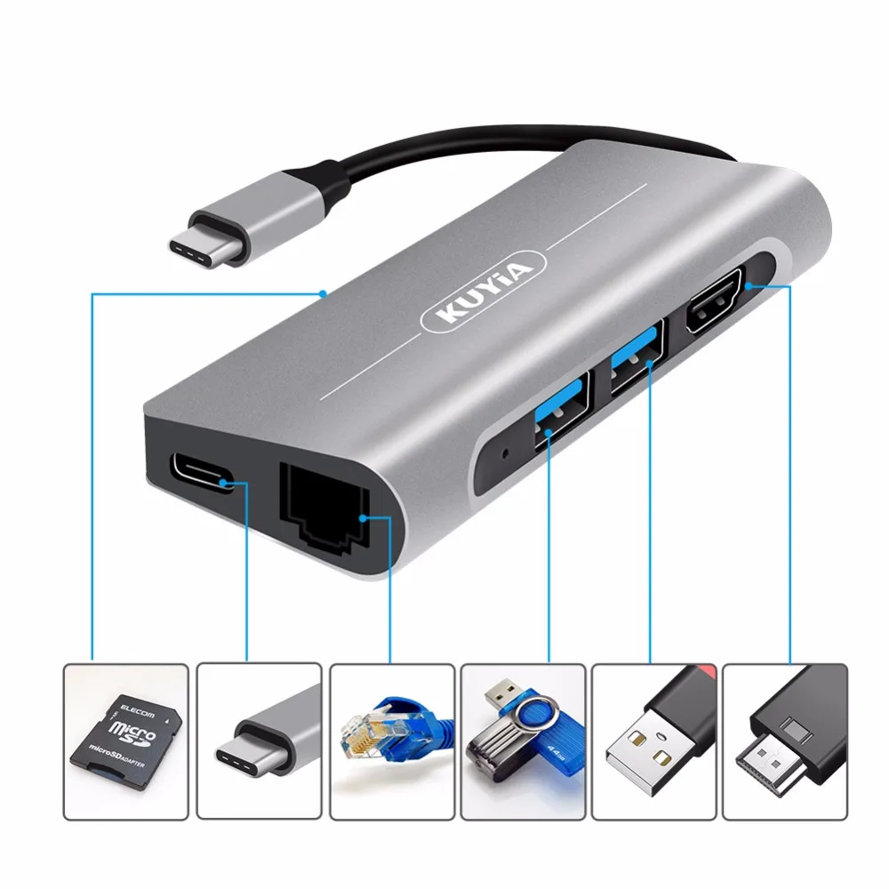 KUYiA USB C концентратор многопортовый Алюминиевый адаптер типа с 2 x 3 0 + 4K HDMI для MacBook
