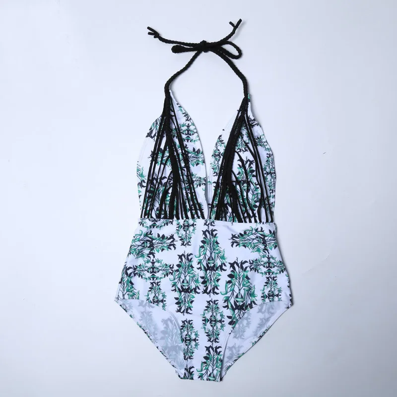 Print Floral Halter One-Piece Swimsuit Deep V Neck String Stitching Bikini High Waist Scoop-Back Monokini Swimwear Bathing Suit | Спорт и