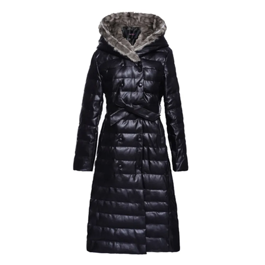 2019 new high-end high-quality fur collar PU leather down jacket cotton large size loose hooded coat long women's clothing 3XL | Женская
