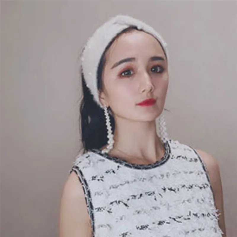 PINKSEE Wool Knitted Hair Band Winter Ear Warmer Headband Turban Solid Color Wide-brimmed Cross Tide Headwear |