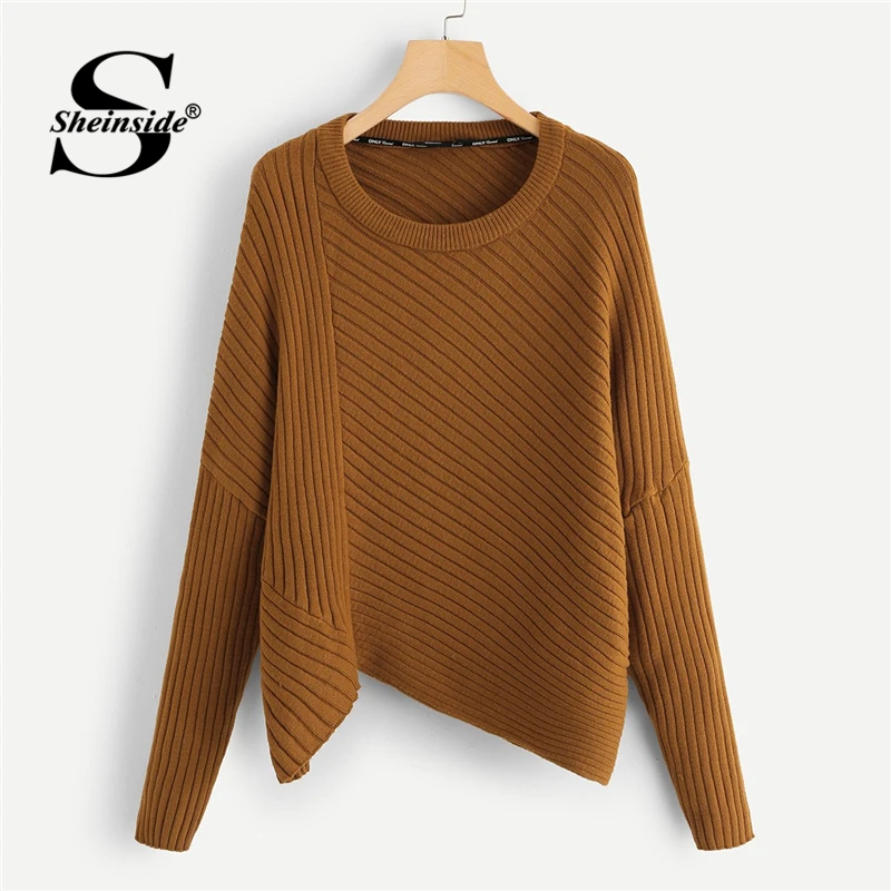 Sheinside коричневый вязанный ассиметричный свитер с подолом Женский пуловер с длинным рукавом женский джемпер одежда осень женские свитера