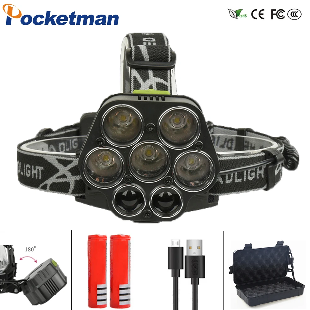 Мощный светодиодный налобный фонарь 5 * XML T6 + 2 XPE для охоты рыбалки перезаряжаемый