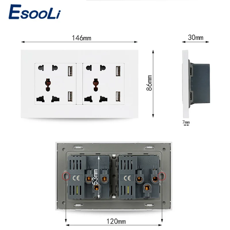 Настенная розетка Esooli двойная Универсальная Розетка с 5 отверстиями 4 USB