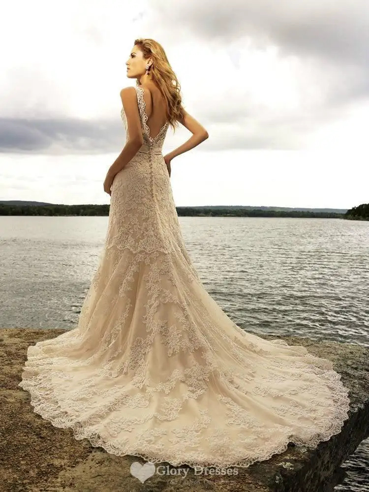 Free Shipping Noble Champagne Lace Tulle V-neck Beach Wedding Dress sleeveless Bridal gown size 2 4 6 8 10 12 14 16 18 | Свадьбы и