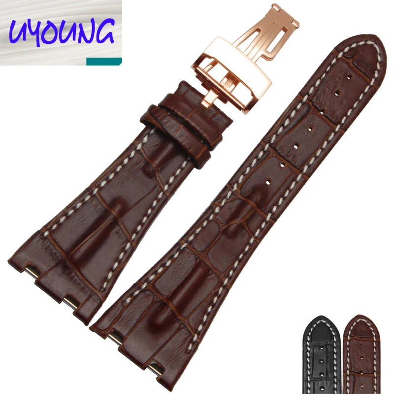 Watch band 28mm New Men High Quality Genuine Leather Watchbands Strap With Rose Gold Deployment Steel Watch buckle Clasp