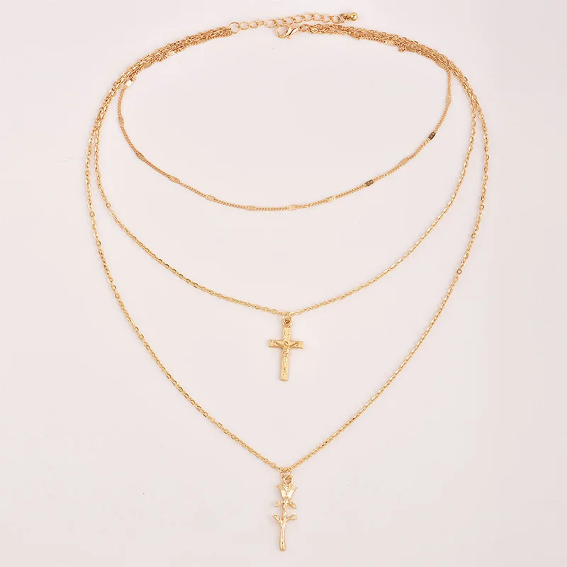 Bohemian Gold Color Cross Rose Star Pendant Necklace for Women Multi-layer Chain Choker Popular New jewelry Gift | Украшения и