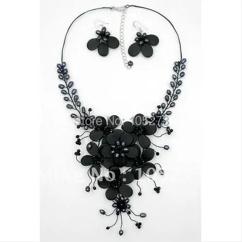 

Black Jade Genuine Freshwater Pearl Crystal Glass Wired Flower Necklace / Earrings Jewelry Set 17inchs Hot Sale FN1576