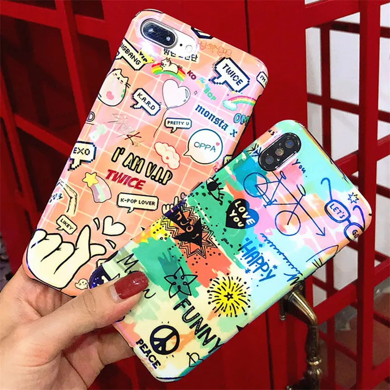 Blue light Graffiti Personality Fashion Phone Case For iPhone X 6 6S 7 8 Plus Cases Cute Cartoon Luxury Cover Funda | Мобильные