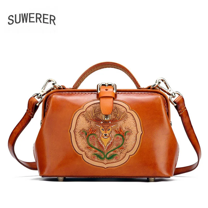 

SUWERER 2020 New women genuine leather bag cowhide Hand Carved women handbags fashion Luxury tote women leather shoulder bag