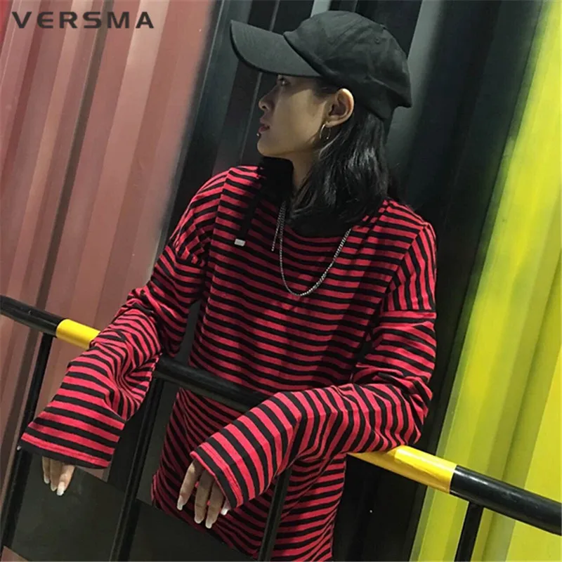 VERSMA корейский Ulzzang Harajuku GD черно-белая полосатая футболка для мужчин и женщин унисекс свободная негабаритная футболка с очень длинным рукавом для пары