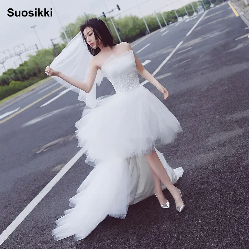 Suosikk модное Короткое свадебное платье с низким/высоким подъемом 2018 кружевное