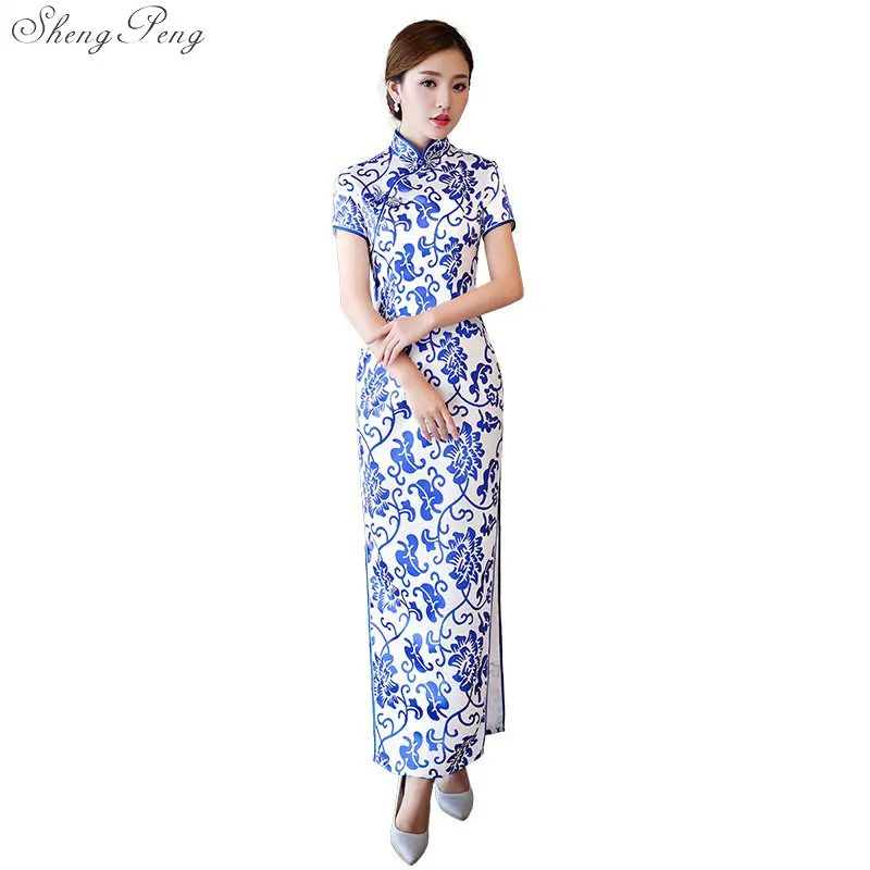 

Новое весеннее белое сексуальное традиционное китайское женское платье с цветами, длинное платье Ципао, тонкий воротник-стойка, Ципао V886