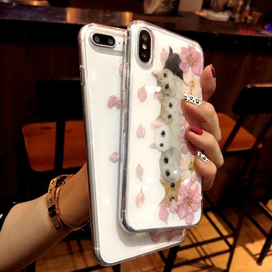 DIY Dried Real Flower Cat Clear Cover Phone Case For iPhone 8 6 6S Plus 7 Coque XR XS MAX X Etui Luxury Original |