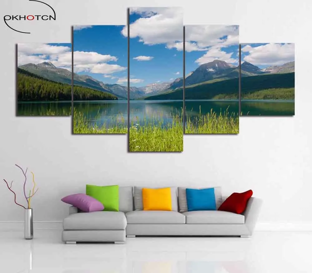 

OKHOTCN 5 panels Framed Snow Mountain Scenery HD Printed Canvas Poster Spring Lake Painting Modern Home Decor Murals