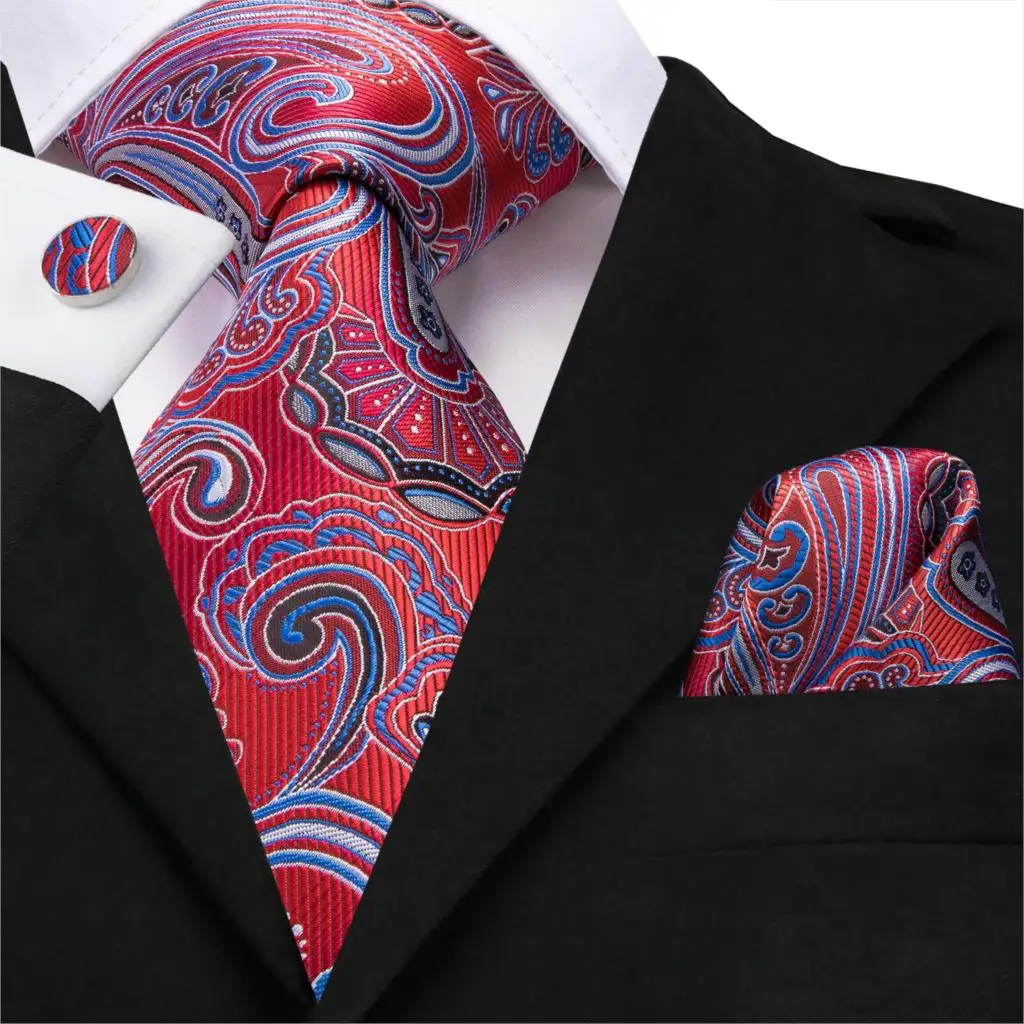 

Hi-Tie Men Ties Red Silk Neck Tie Paisley Wedding Tie Floral Necktie Pocket Square Cufflinks Set for Suit 150cm Wholesale C-3199