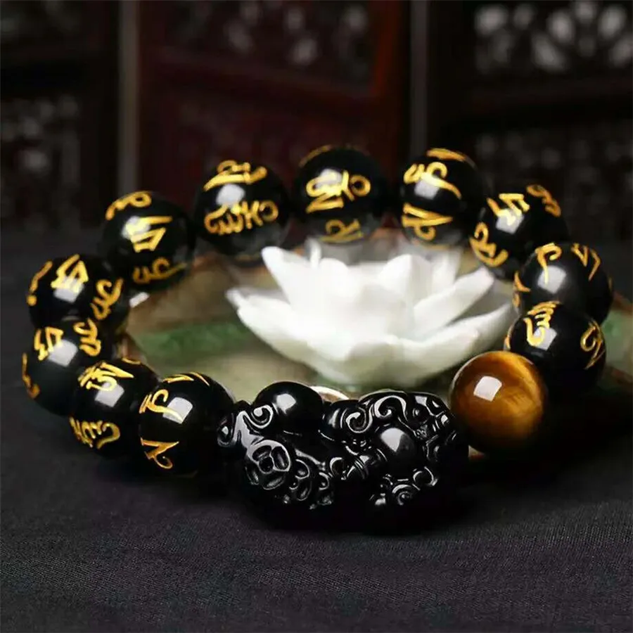 Precious Natural Black Obsidian Bracelet Woman Men Stretch Gold Six Word Pi Xiu Shape Power Round Bead 14mm 16m 18mm | Украшения и