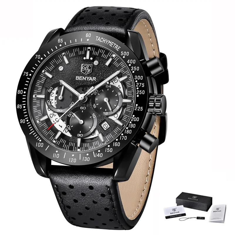 Leather Black White Benyar спортивные часы, мужские водонепроницаемые кварцевые часы с хронографом, деловые наручные часы, мужские часы - Цвет: Leather Black White