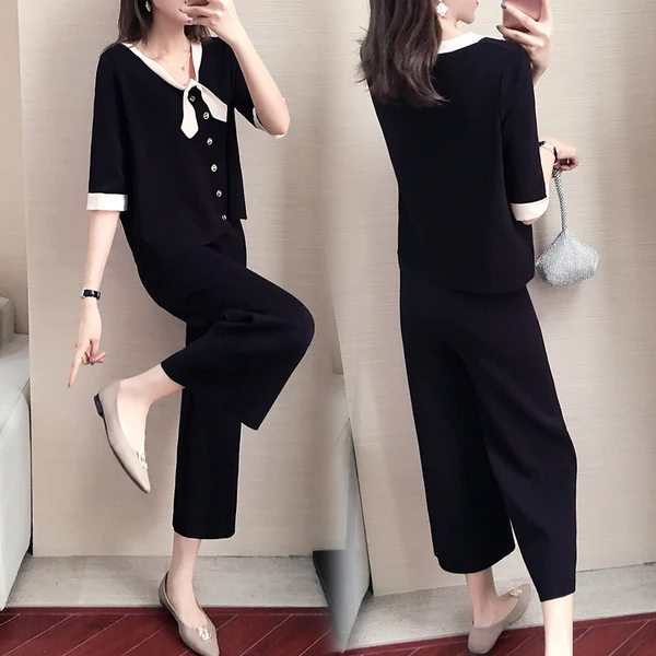 Женский трикотажный комплект из 2 предметов: топ с коротким рукавом и бантом