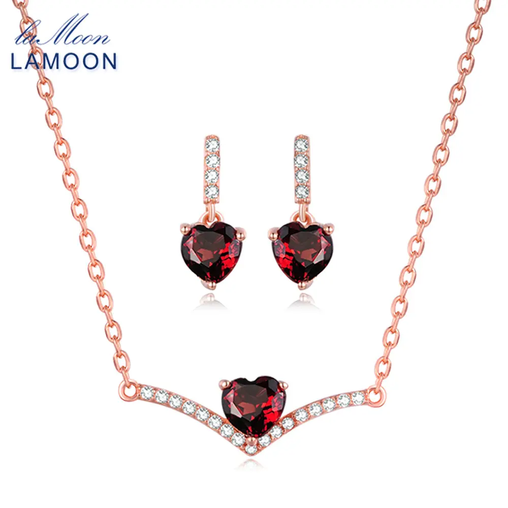 

LAMOON 100% Natural Heart cut Red Garnet 925 Sterling Silver Jewelry S925 Jewelry Set V004-5