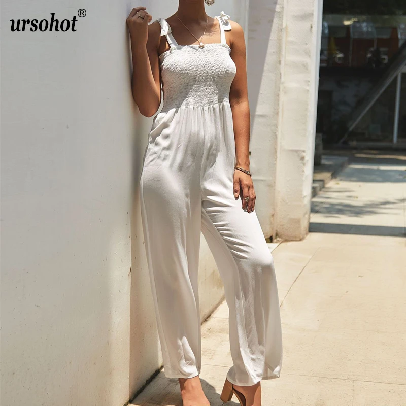 Ursohot Boho Длинные широкие комбинезоны с ремешками на ногах Плиссированные эластичные комбинезоны без рукавов с квадратным вырезом и высокой талией Шифон - Цвет: 01 White