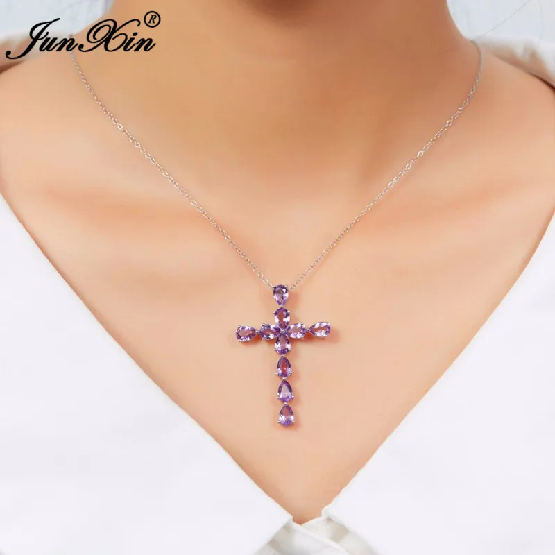 

JUNXIN Women Purple Water Drop Necklaces & Pendants Fashion Jewelry White Gold Filled AAA Zircon Necklaces Pendants Gifts