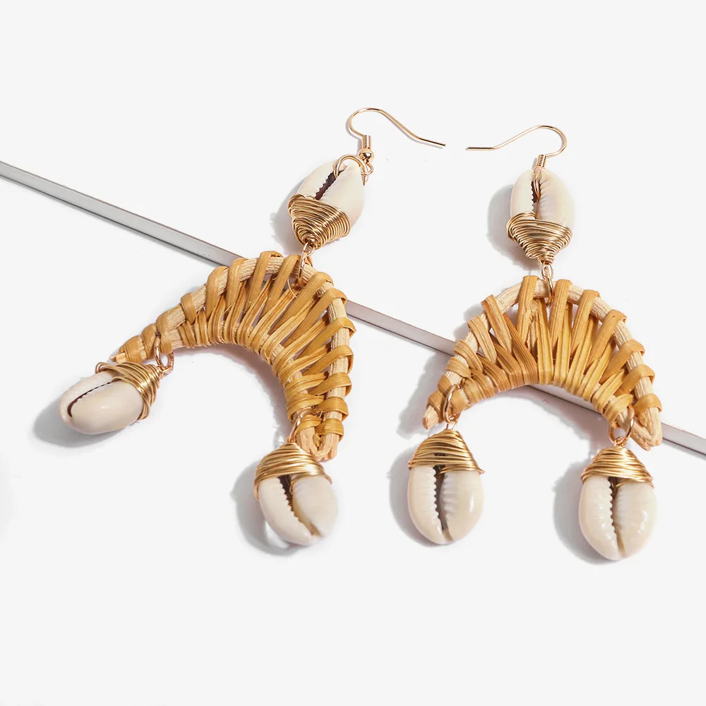 New Summer Beach Ocean Wind Half MoonWoven Rattan Earrings For Women Female Big Circle Bohemian Conch Jewelry | Украшения и