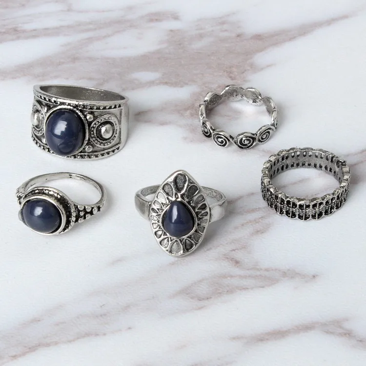 5 Pcs/set Bohemian Retro Crystal Flower Leaves Hollow Lotus Gem Gold/Silver Ring Set Women Wedding Anniversary Gift | Украшения и