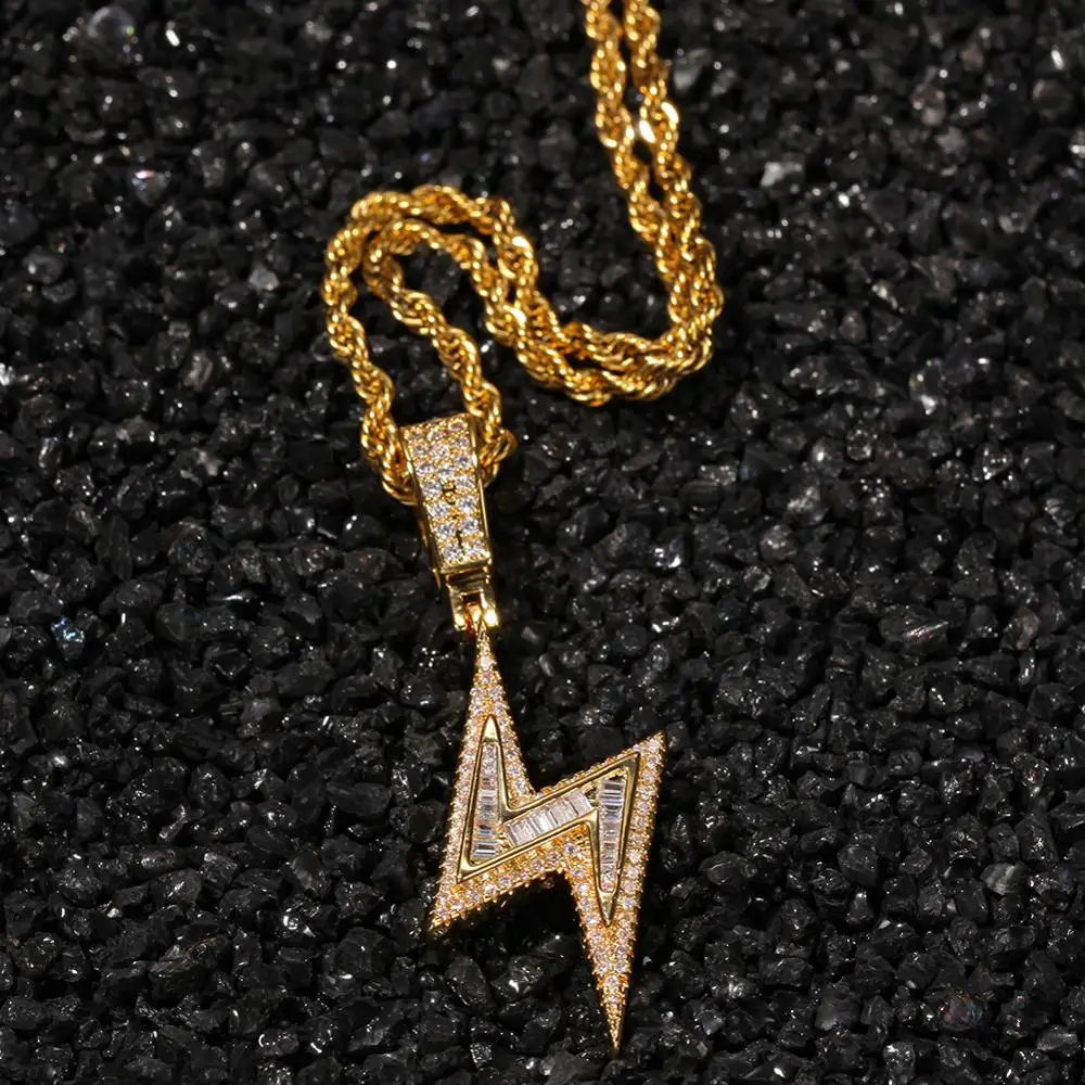 

Micro Paved AAA Cubic Zirconia Bling Iced Out Lightning Pendants Necklace for Men Hip Hop Rapper Jewelry Gold Color