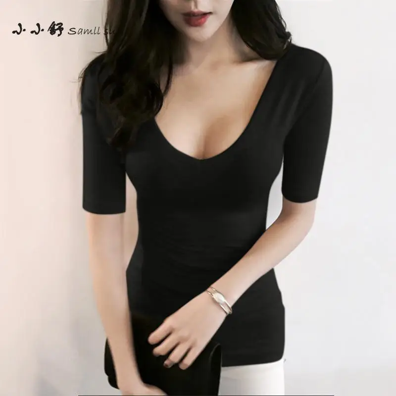 Женская футболка в Корейском стиле черная тянущаяся с длинными рукавами и