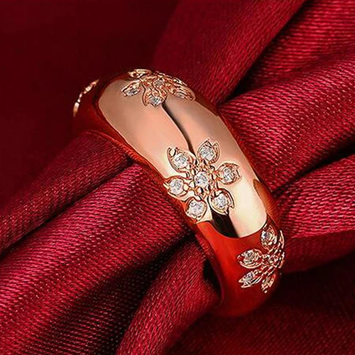 Женское кольцо с гравировкой Золотое кубическим цирконием и цветочным узором|ring