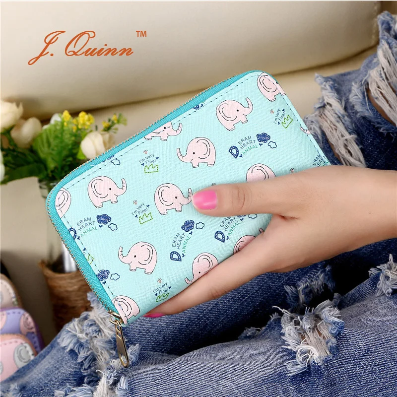 

J.Quinn New Premium Cute Cartoon Elephant Zipper Ladies Long Wallets PU Leather Female Handbag Purse for Women Clutch Wallet