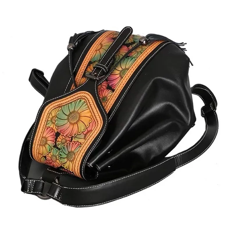 Винтажный женский рюкзак из натуральной кожи с гравировкой и цветочным узором