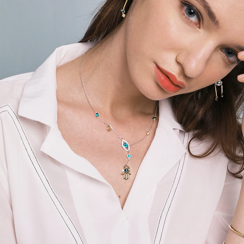 

LEKANI 2019 Exquisite Crystals from Swarovski Clavicle Chain Choker Devil Eye Hand Hamsa Pendant Women Necklaces Fine Jewelry