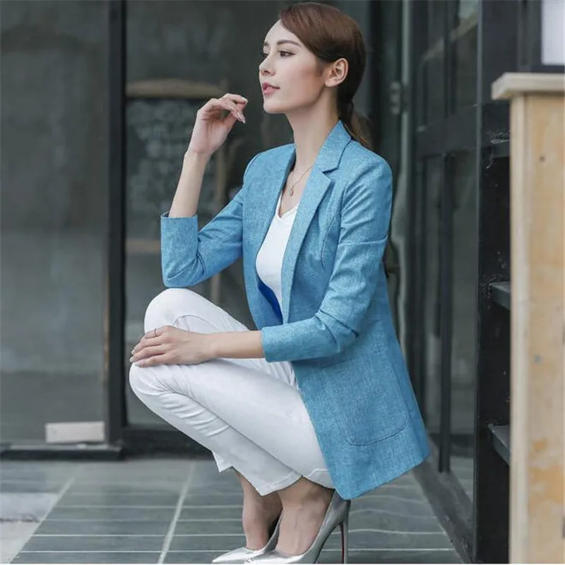 Льняная куртка Женский блейзер на одной пуговице Офисная Женская повседневная