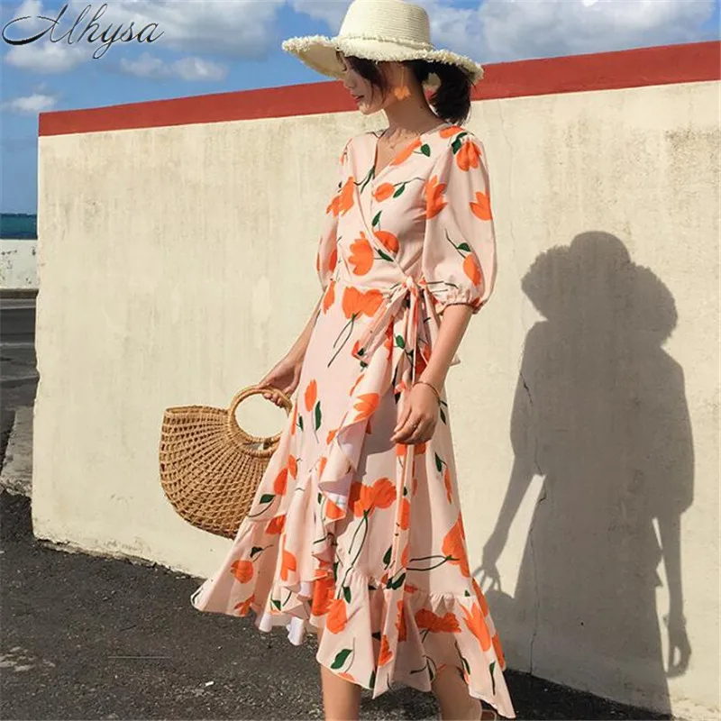 Mhysa 2019 Summer new holiday style ladies high waist retro print V-neck short sleeve irregular ruffled seaside beach dress Y049 | Женская