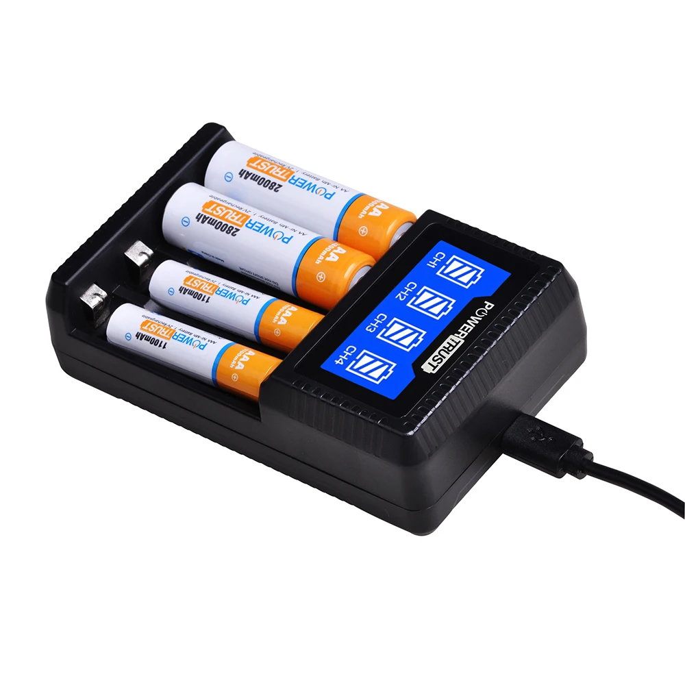 PowerTrust интеллектуальное 4 слота aa aaa зарядное устройство с ЖК-дисплеем для aa aaa Ni-MH аккумуляторов