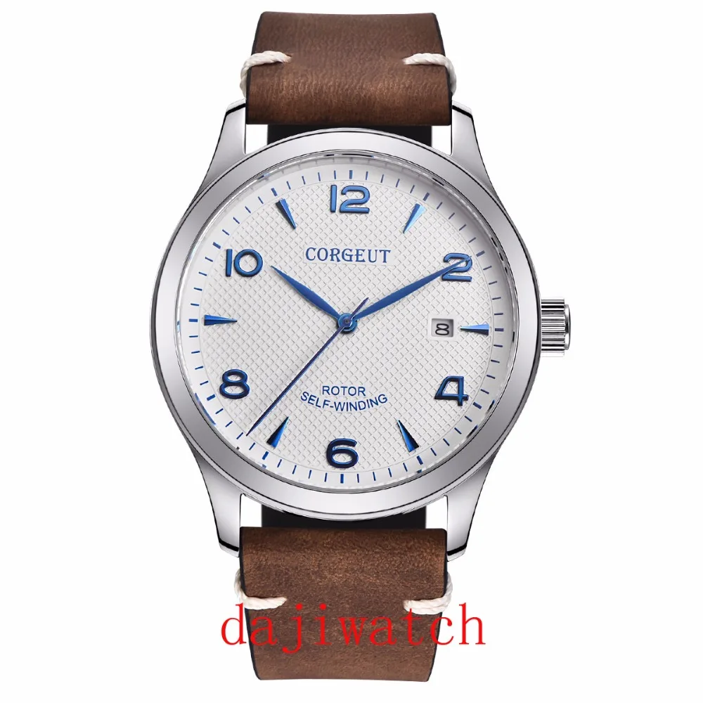 Мужские автоматические часы 42mmCorgeut PARNISmostrador branco azul marca prata Escovado caso Vidro de Safira|Мужские