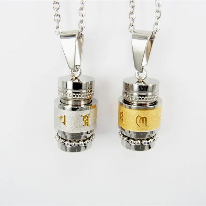 Stainless Steel Buddhism Six Words Rotatable Necklace Women Men OM Mantra Prayer Wheel Mantra Bottle Urn Pendant Necklace